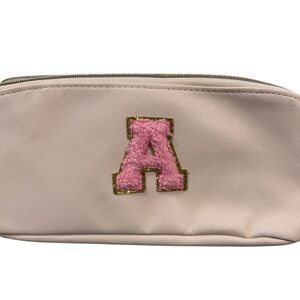 Beige Pouch Cosmetic Bag with Pink Initial A , multiple pocket organizer